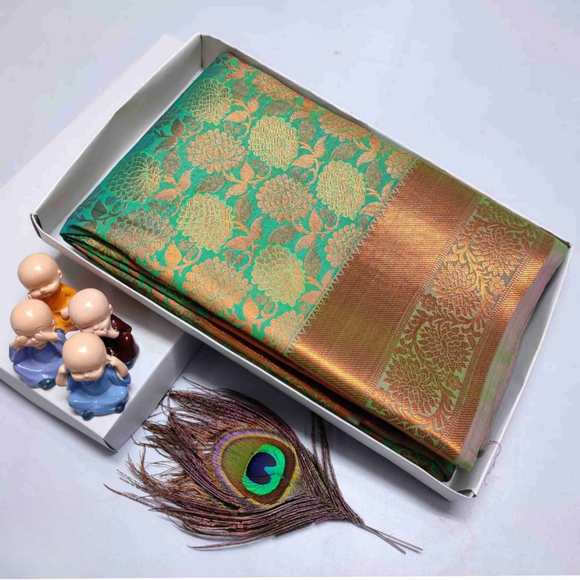 Green Floral Colour | Zari Double Weave Brocade Body Copper Work Rich Pallu Kanchipuram Grand wedding Silk Saree