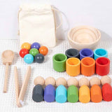 Wooden Colour Sorter Game, Balls in Cups, Montessori Toy Wooden Peg Dolls in Cups, Colorful Balls Peg Dolls, Color Sorting Preschool Learning Education Fine Motor Skill Toys for Toddlers