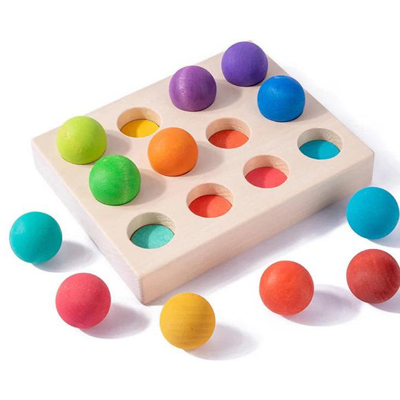 Montessori Materials 12 Piece Colorful Round Balls Wooden Rainbow Color Sorting Toy