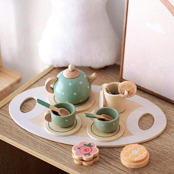 Tea Set for Little Girls,15 Pcs Green Wooden Kids Tea Party Set for Toddlers 3-5 Year Old, Princess Pretend Play Kitchen Accessories