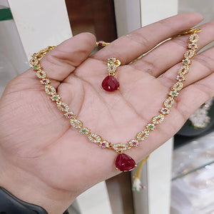 Floral Ruby Necklace & Earring Set For Women