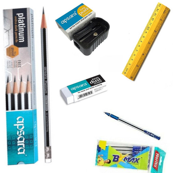 Apsara Pencil - Platinum, Apsara Long Point Sharpener, Apsara Non Dust Eraser, Wooden Scale 15 Cm, Rorito Bright Max Blue Ball Pen