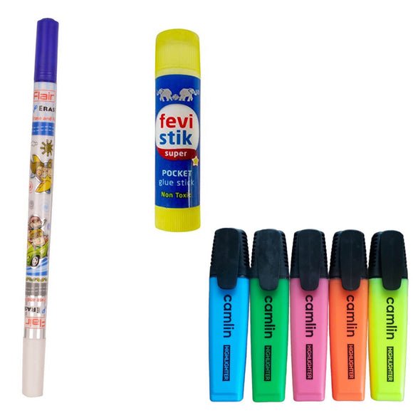 Flair Inky Eraser Fountain Pen, Camlin Highlighter Pen, Pidilite Multi-Purpose Fevistik Nontoxic Glue Stick - 5g