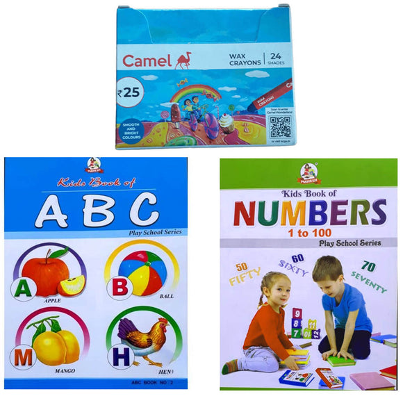 Kids Book Of ABC With Multiple Pictures, Camel Wax Crayon - 24 Shades, Kids Book Of Numbers 1 To 100