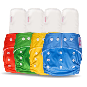 Reusable & Adjustable Free Size 4 Cloth Diapers With 4 Insert Pad HAIHABIBI - Pack of 2 - Assorted solid Colors for 3 Months - 3 years Babies