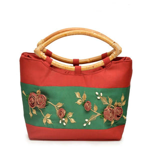 Nehas top handle Cane handBag For Women,Red With Green