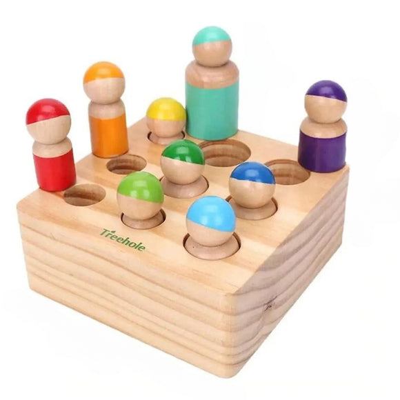 Montessori Toys for Toddlers, Wooden Rainbow Peg Dolls Shapes Sorting Toys, 9 Wood People Figures Cylinder Blocks, Preschool Learning Educational Toys…