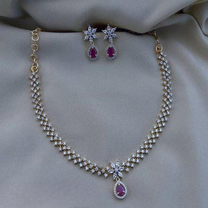 Premium Stylish Brass Made American Diamond Jewellery Set For Women/ Pink, White Stone