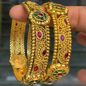 Bangle Set Traditional Gold Plated Bangles 2PC For Women/ Pink & Green Color Stone