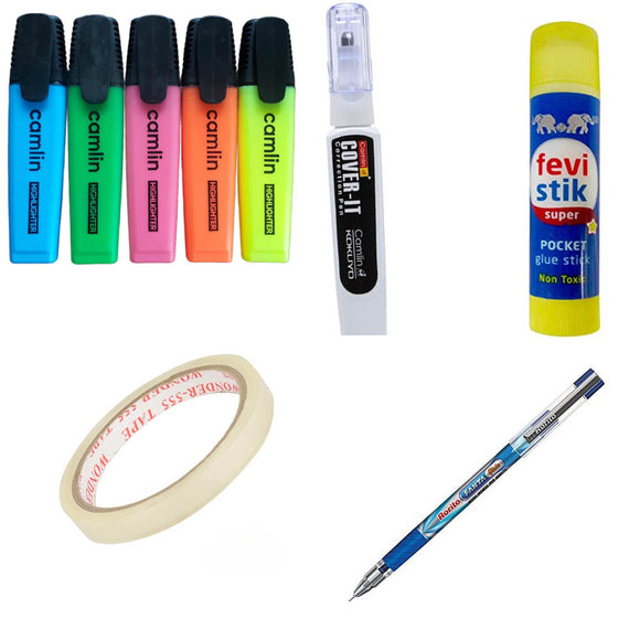 Camlin Highlighter Pen, Camlin Kokuyo Cover It Correction Whitener Pen, Pidilite Multi-Purpose Fevistik Nontoxic Glue Stick , Clear Tape , Rorito Fanta Glide Blue Pen