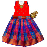 Kids Soft Silk Cotton Pattu Pavadai 5 Years Baby Girl Top & Skirt Set | Orange With Violet