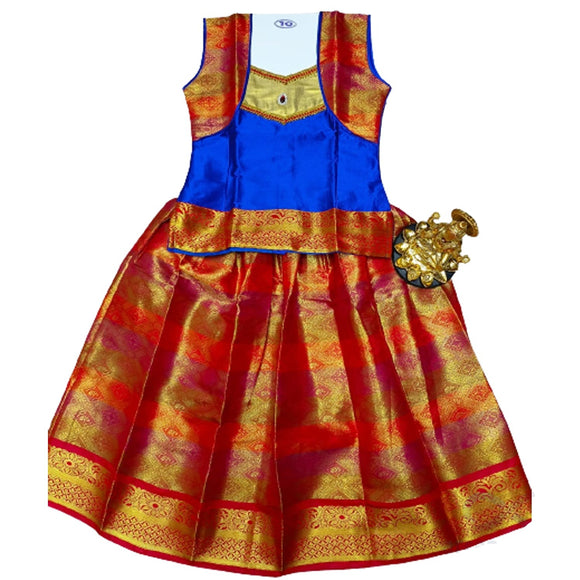 Kids Soft Silk Cotton Pattu Pavadai 10 Years Baby Girl Top & Skirt Set | Blue With Red