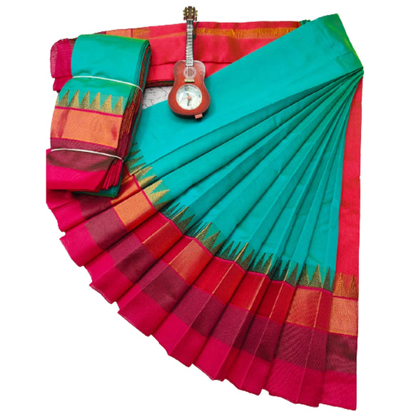 Fancy Korvai Contrast Chit & Line Pallu Silk Cotton Saree For Women | Blue & Pink Border