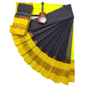 Fancy Korvai Contrast Chit & Line Pallu Silk Cotton Saree For Women | Black & Yellow Border