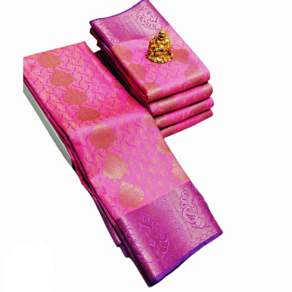 Emboss Butta Semi Soft Silk with rich Pallu Running Blouse kanchipuram Wedding Silk Saree | Light Rose