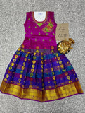 Kids Soft Silk Cotton Pattu Pavadai 4 Years Baby Girl Top & Skirt Set | Purple With Blue